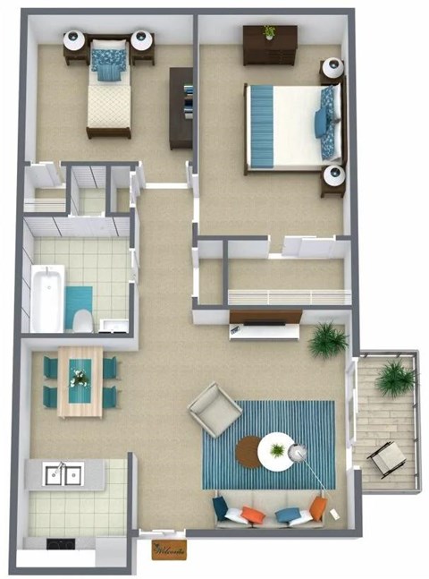 A floor plan of a house with a living room, dining room, kitchen, and two bedrooms.